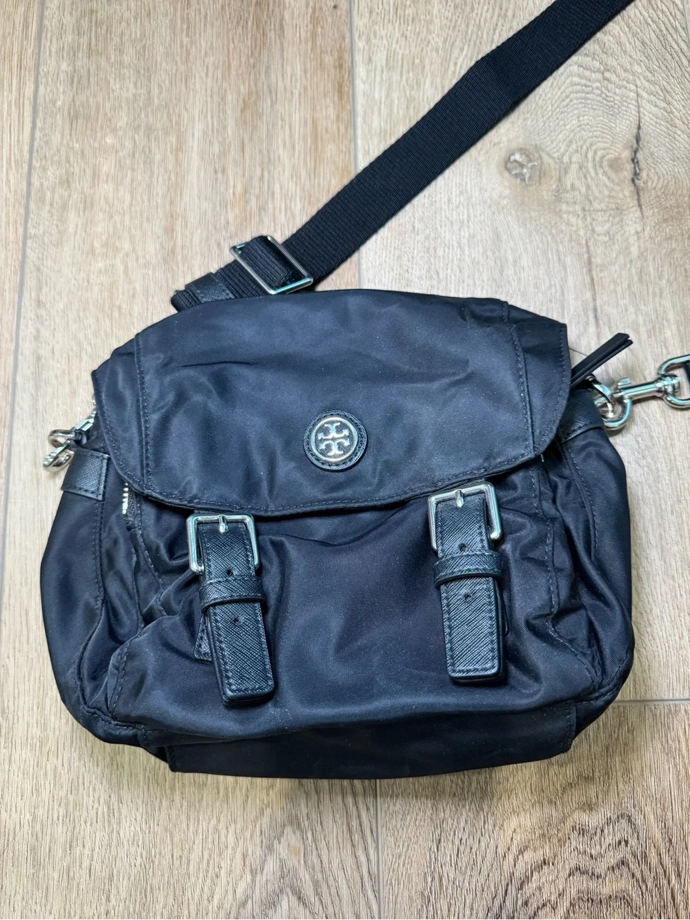 Tory Burch Black Nylon Crossbody Bag with Buckle Accents